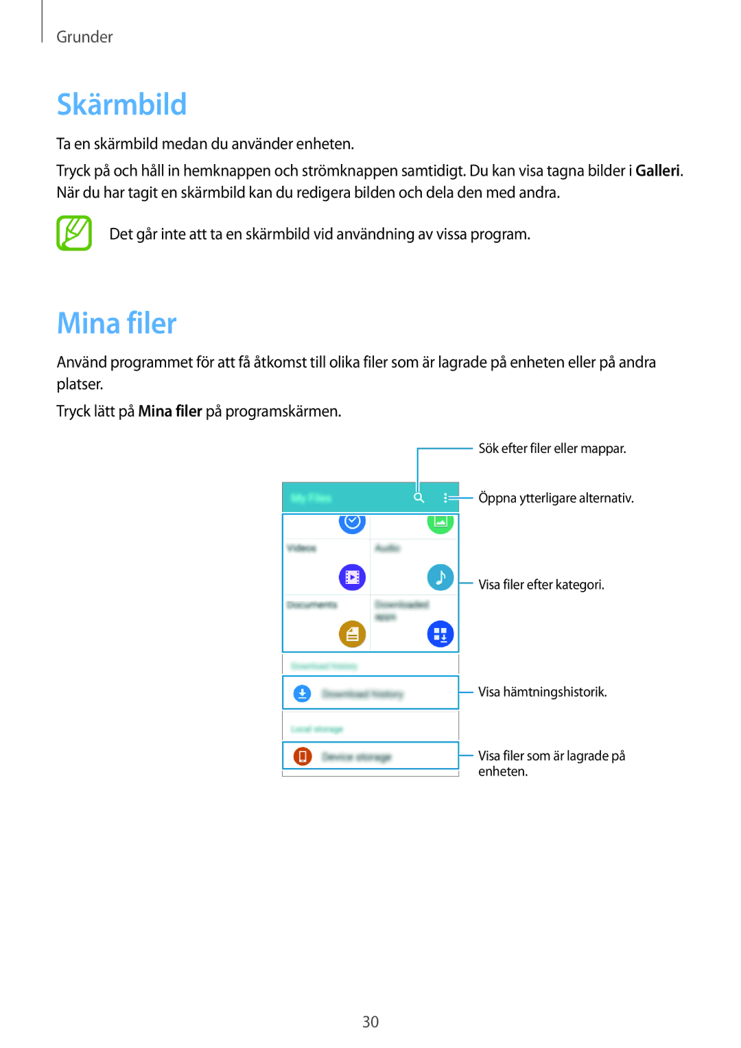 Samsung SM-G361FHAANEE, SM-G361FZWANEE manual Skärmbild, Mina filer 