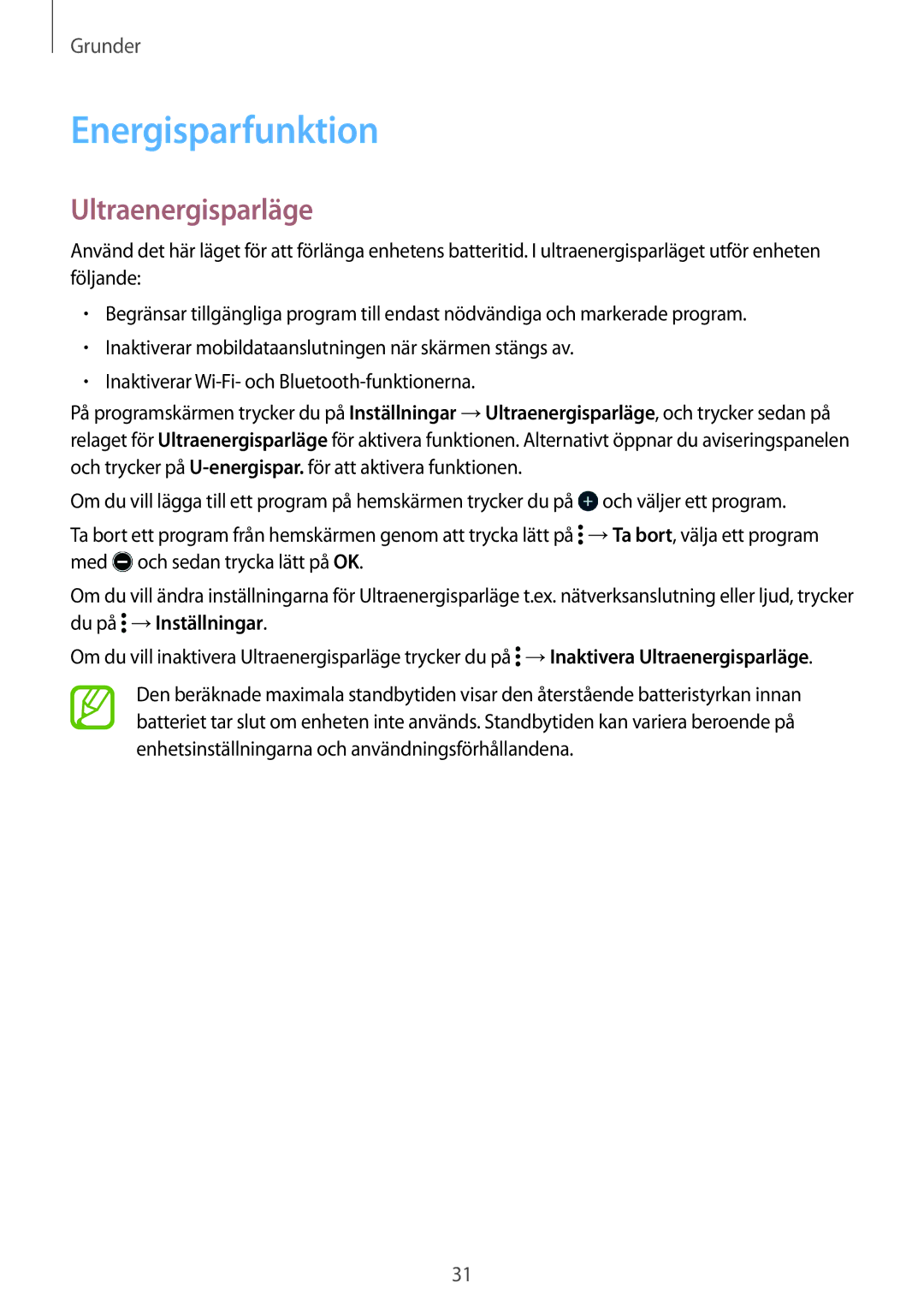 Samsung SM-G361FZWANEE, SM-G361FHAANEE manual Energisparfunktion, Ultraenergisparläge 