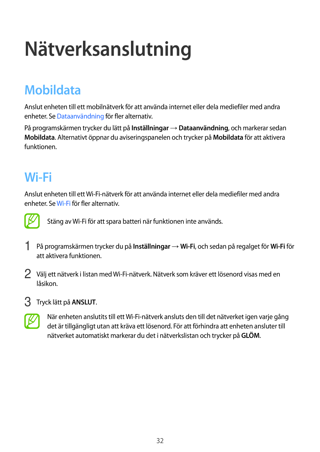 Samsung SM-G361FHAANEE, SM-G361FZWANEE manual Nätverksanslutning, Mobildata, Wi-Fi 