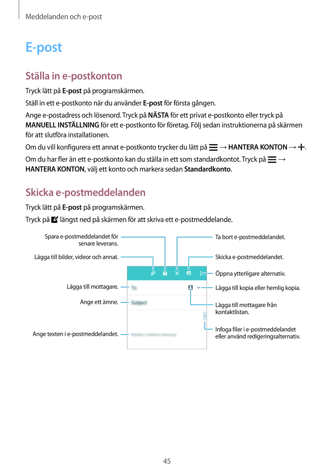 Samsung SM-G361FZWANEE, SM-G361FHAANEE manual Post, Ställa in e-postkonton, Skicka e-postmeddelanden 