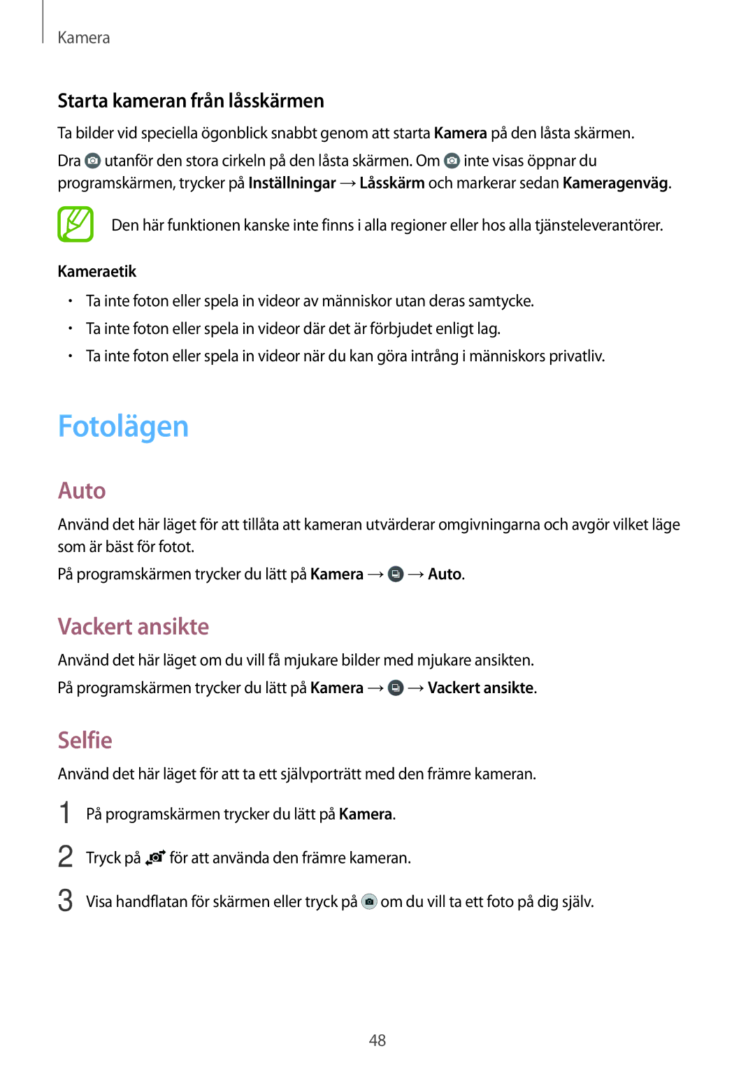 Samsung SM-G361FHAANEE, SM-G361FZWANEE manual Fotolägen, Auto, Vackert ansikte, Selfie, Starta kameran från låsskärmen 