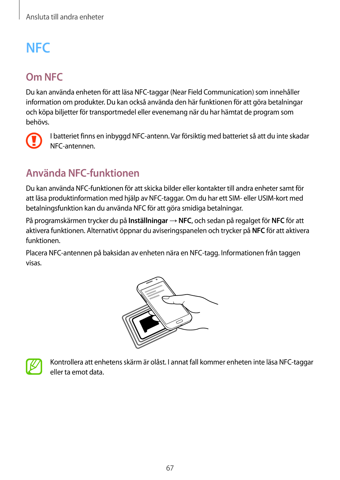 Samsung SM-G361FZWANEE, SM-G361FHAANEE manual Om NFC, Använda NFC-funktionen 