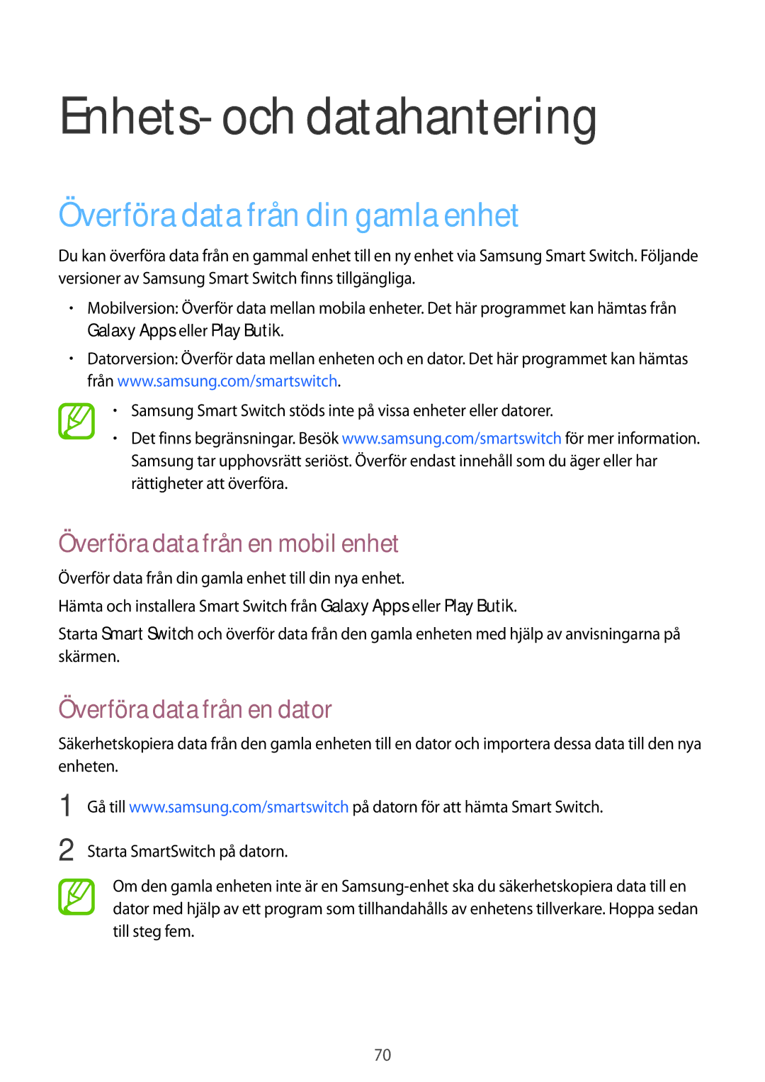 Samsung SM-G361FHAANEE Enhets- och datahantering, Överföra data från din gamla enhet, Överföra data från en mobil enhet 