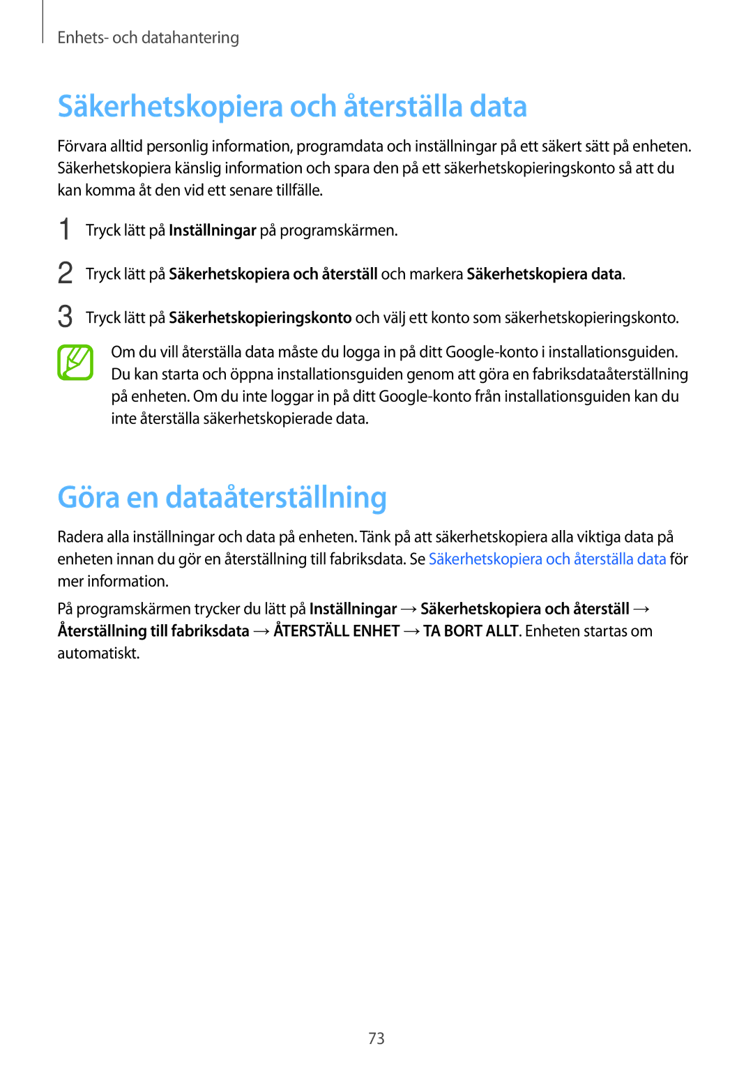 Samsung SM-G361FZWANEE, SM-G361FHAANEE manual Säkerhetskopiera och återställa data, Göra en dataåterställning 