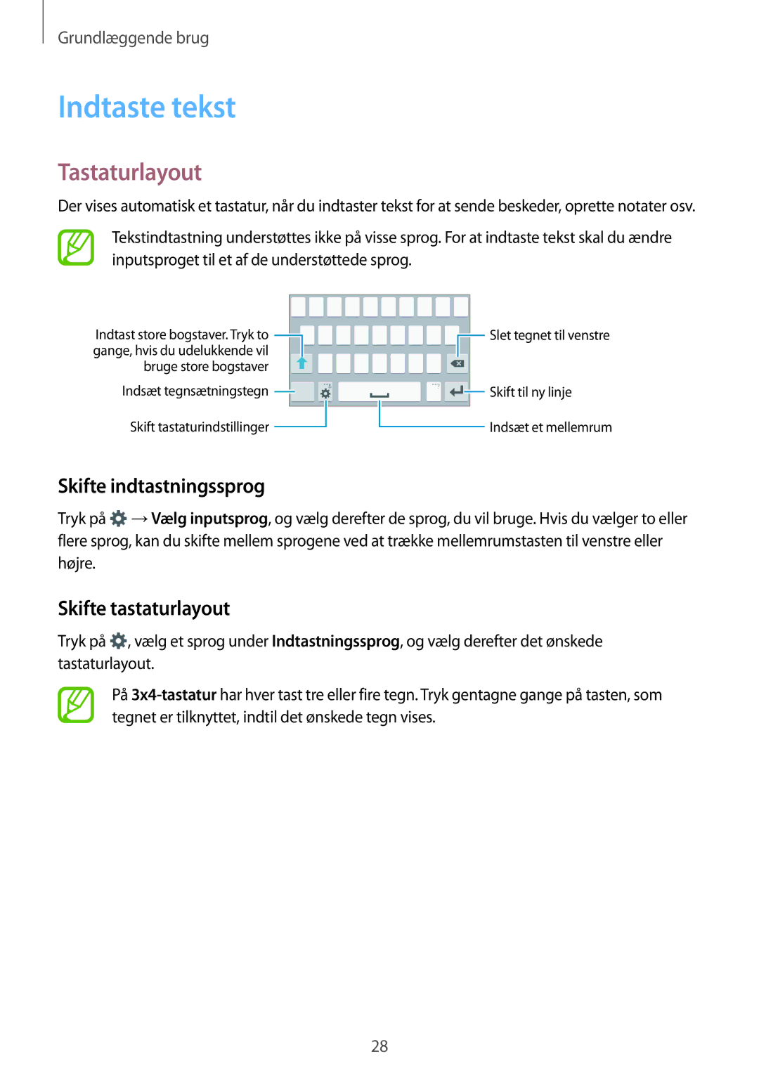 Samsung SM-G361FHAANEE, SM-G361FZWANEE Indtaste tekst, Tastaturlayout, Skifte indtastningssprog, Skifte tastaturlayout 