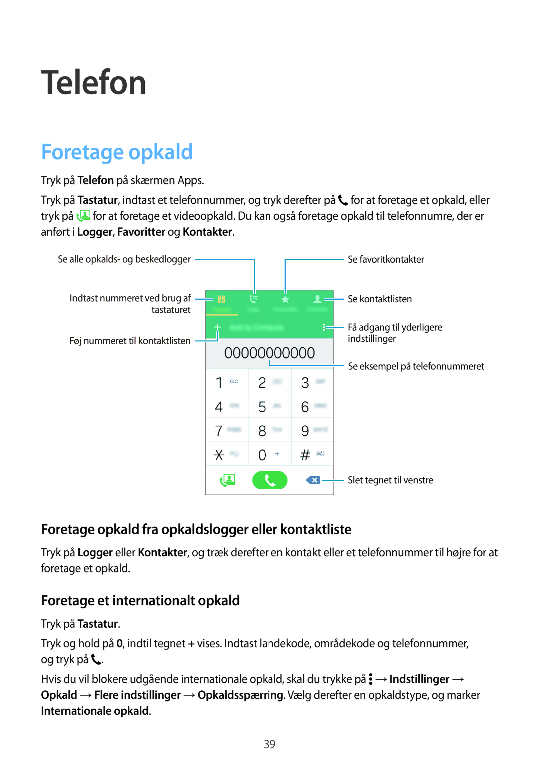 Samsung SM-G361FZWANEE, SM-G361FHAANEE manual Telefon, Foretage opkald fra opkaldslogger eller kontaktliste 