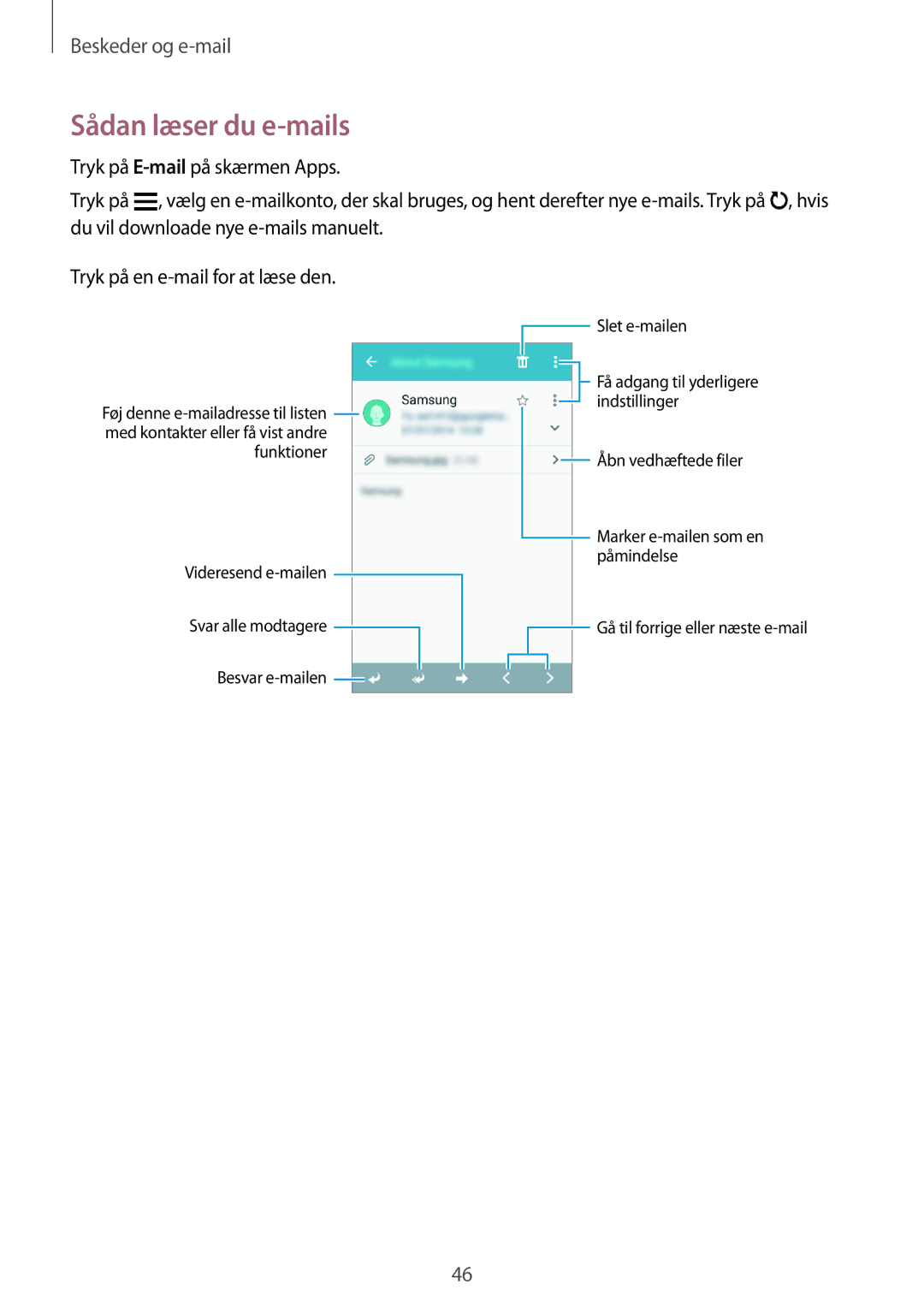 Samsung SM-G361FHAANEE, SM-G361FZWANEE manual Sådan læser du e-mails 