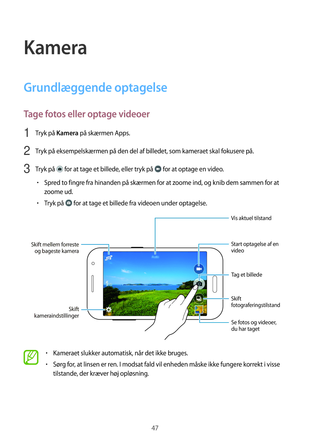 Samsung SM-G361FZWANEE, SM-G361FHAANEE manual Kamera, Grundlæggende optagelse, Tage fotos eller optage videoer 