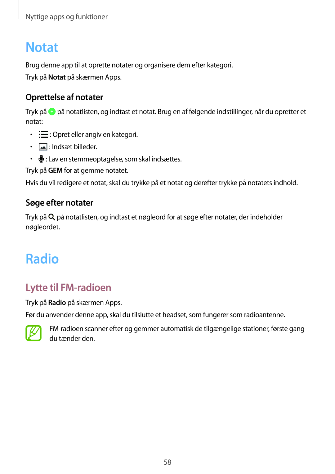 Samsung SM-G361FHAANEE, SM-G361FZWANEE manual Notat, Radio, Lytte til FM-radioen, Oprettelse af notater, Søge efter notater 