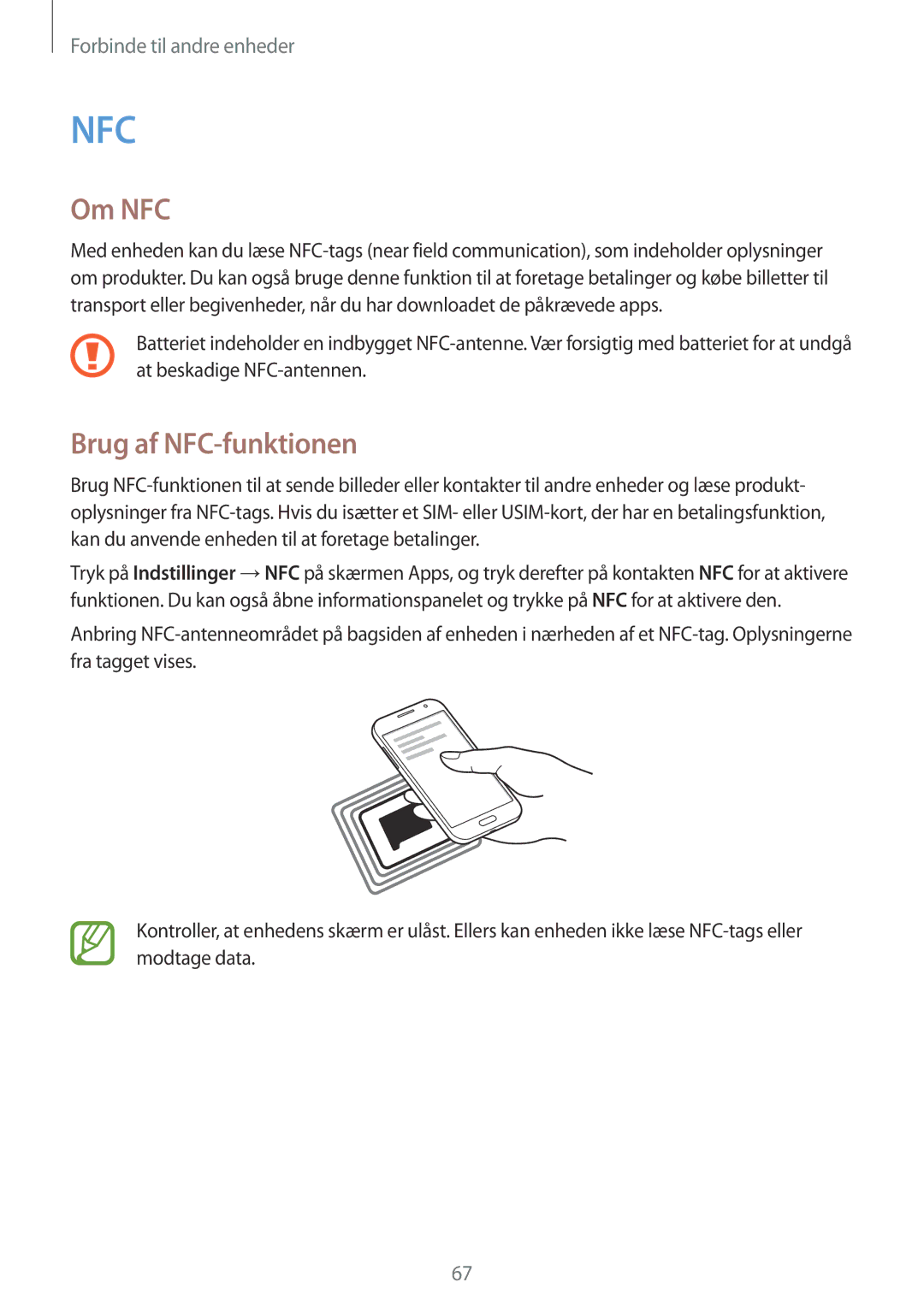 Samsung SM-G361FZWANEE, SM-G361FHAANEE manual Om NFC, Brug af NFC-funktionen 