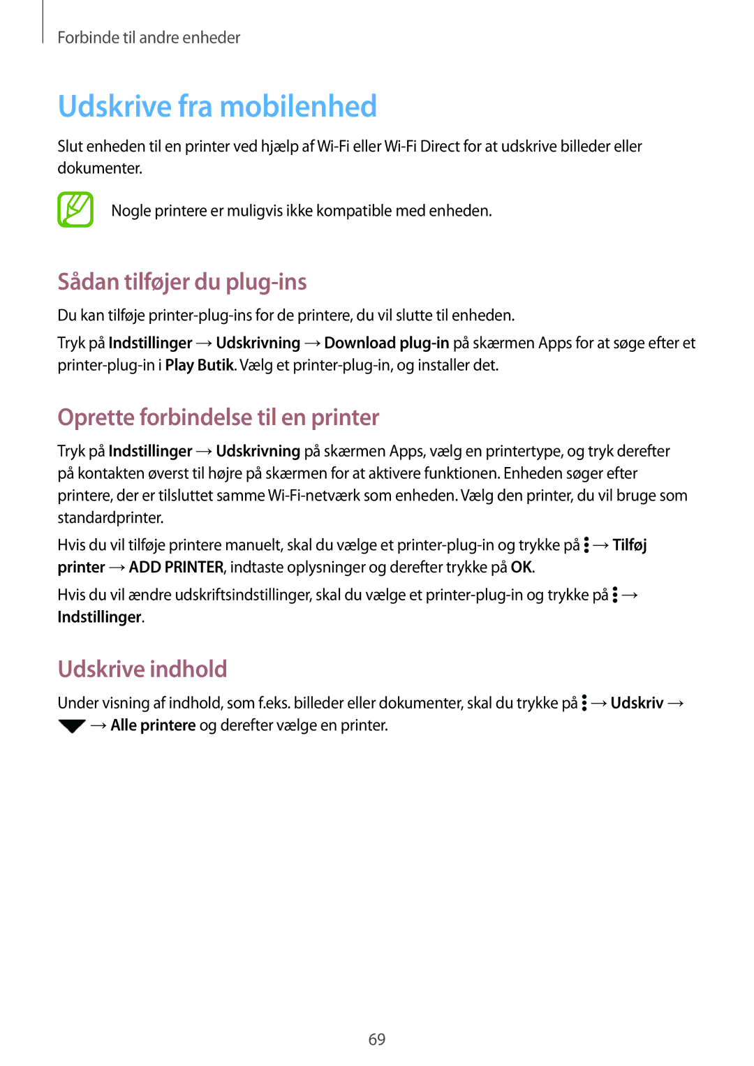 Samsung SM-G361FZWANEE manual Udskrive fra mobilenhed, Sådan tilføjer du plug-ins, Oprette forbindelse til en printer 