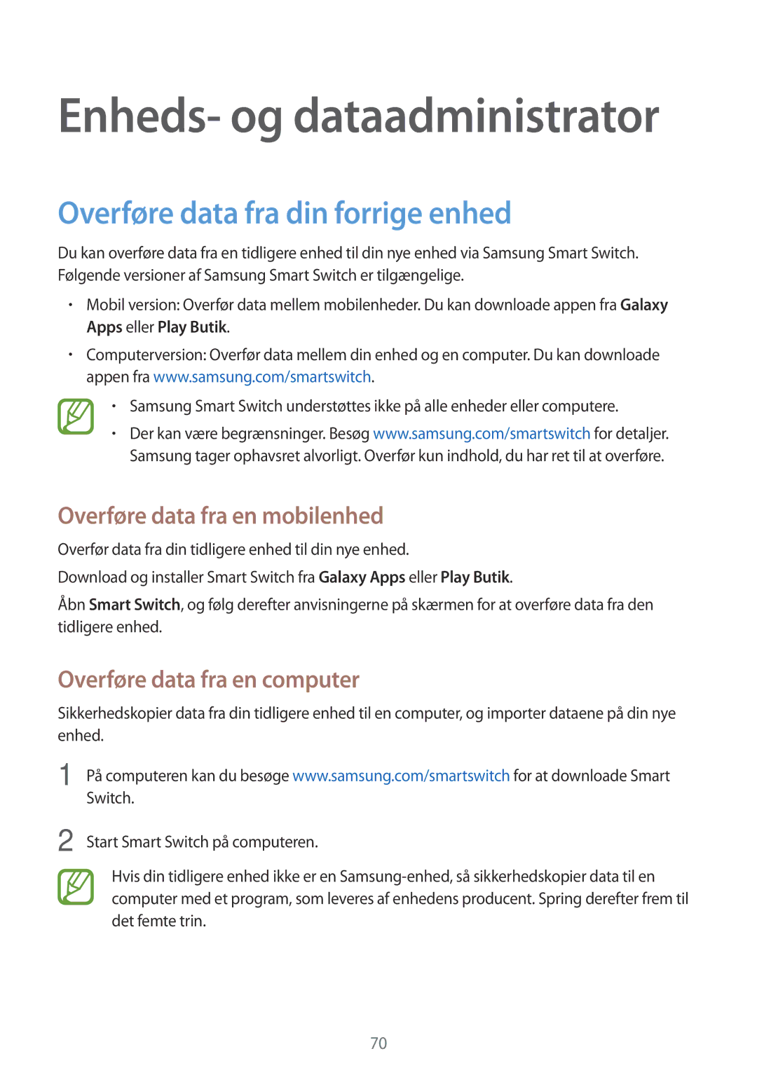 Samsung SM-G361FHAANEE Overføre data fra din forrige enhed, Overføre data fra en mobilenhed, Overføre data fra en computer 