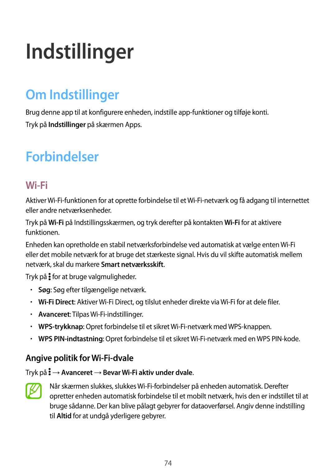 Samsung SM-G361FHAANEE, SM-G361FZWANEE manual Om Indstillinger, Forbindelser, Angive politik for Wi-Fi-dvale 