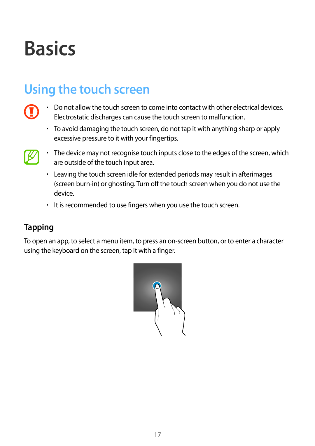 Samsung SM-G361FHAAPRT, SM-G361FZSAXEF, SM-G361FHAAXEF, SM-G361FZWAXEF manual Basics, Using the touch screen, Tapping 