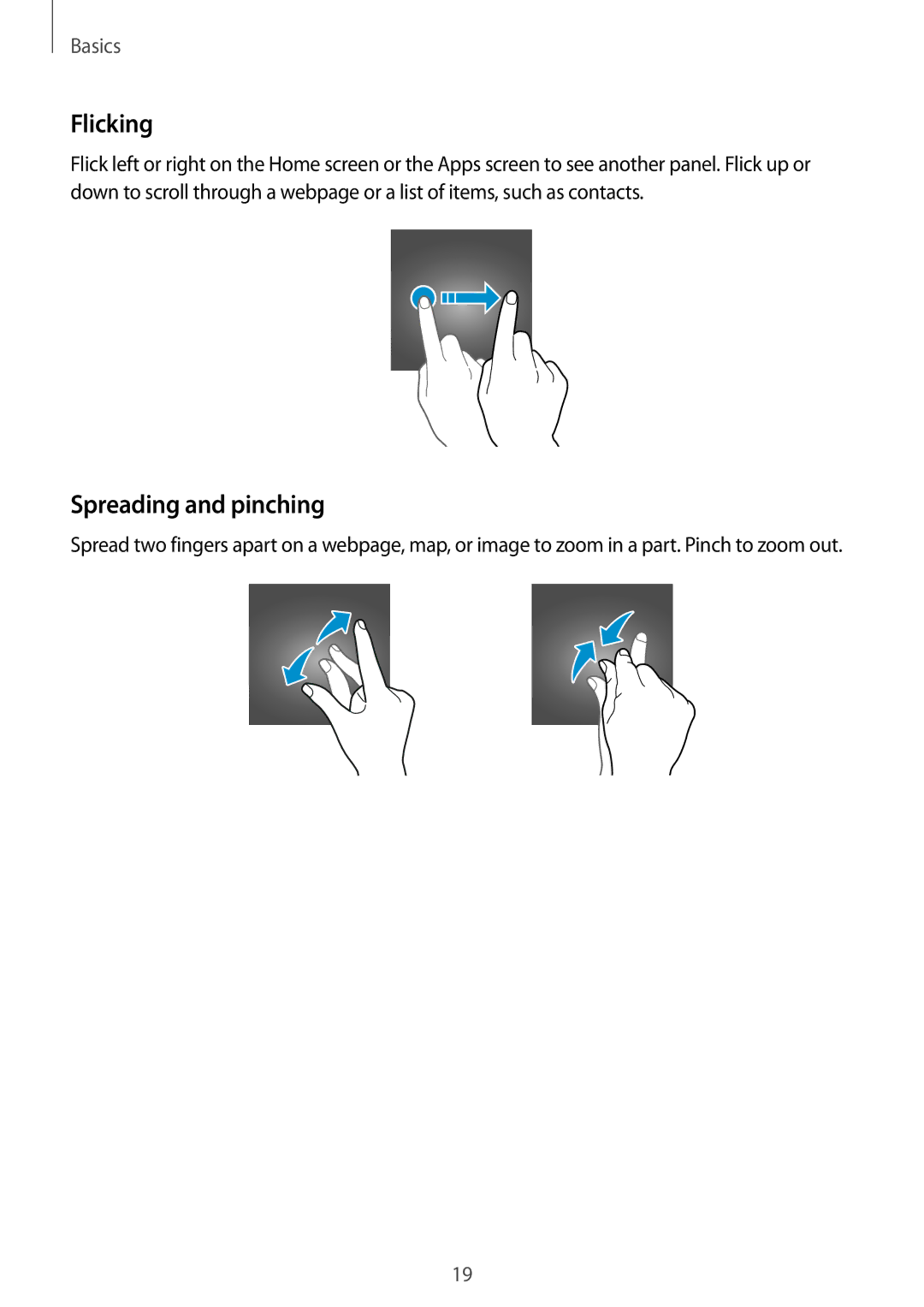 Samsung SM-G361FHAAPLS, SM-G361FZSAXEF, SM-G361FHAAXEF, SM-G361FZWAXEF, SM-G361FZWAITV manual Flicking, Spreading and pinching 