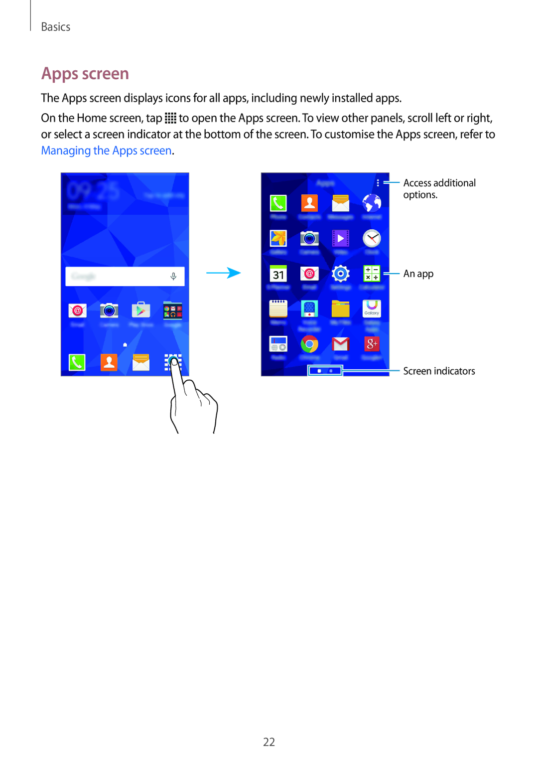 Samsung SM-G361FZSAWIN, SM-G361FZSAXEF, SM-G361FHAAXEF, SM-G361FZWAXEF, SM-G361FZWAITV, SM-G361FZSAOMN manual Apps screen 