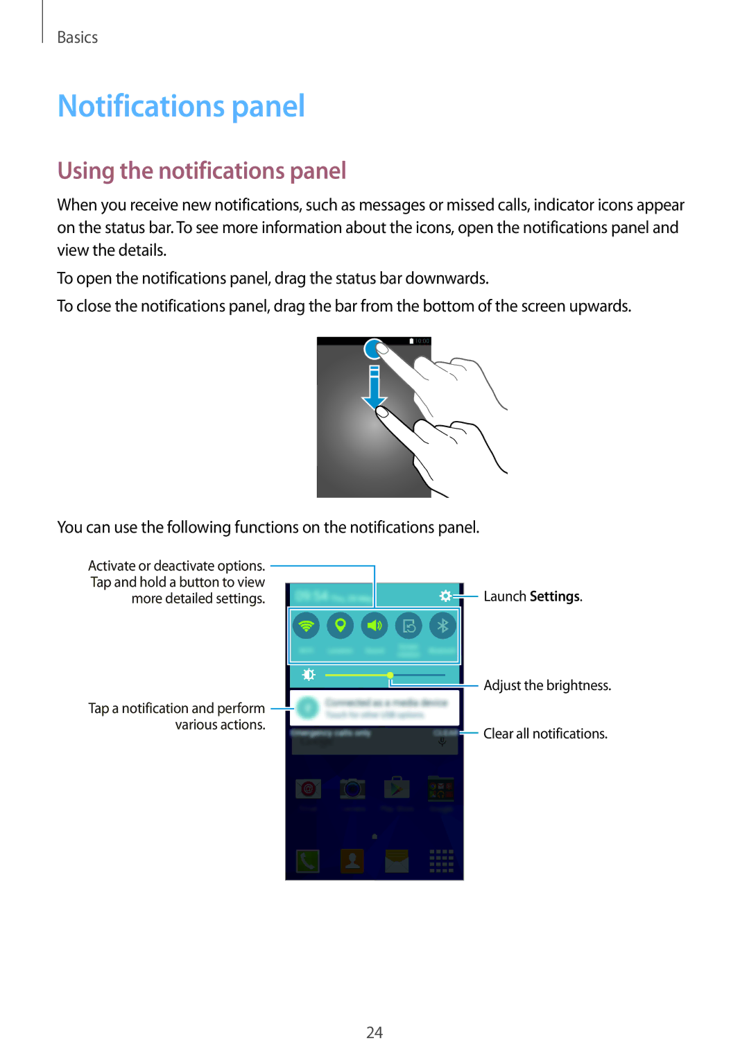 Samsung SM-G361FZWAWIN, SM-G361FZSAXEF, SM-G361FHAAXEF, SM-G361FZWAXEF Notifications panel, Using the notifications panel 