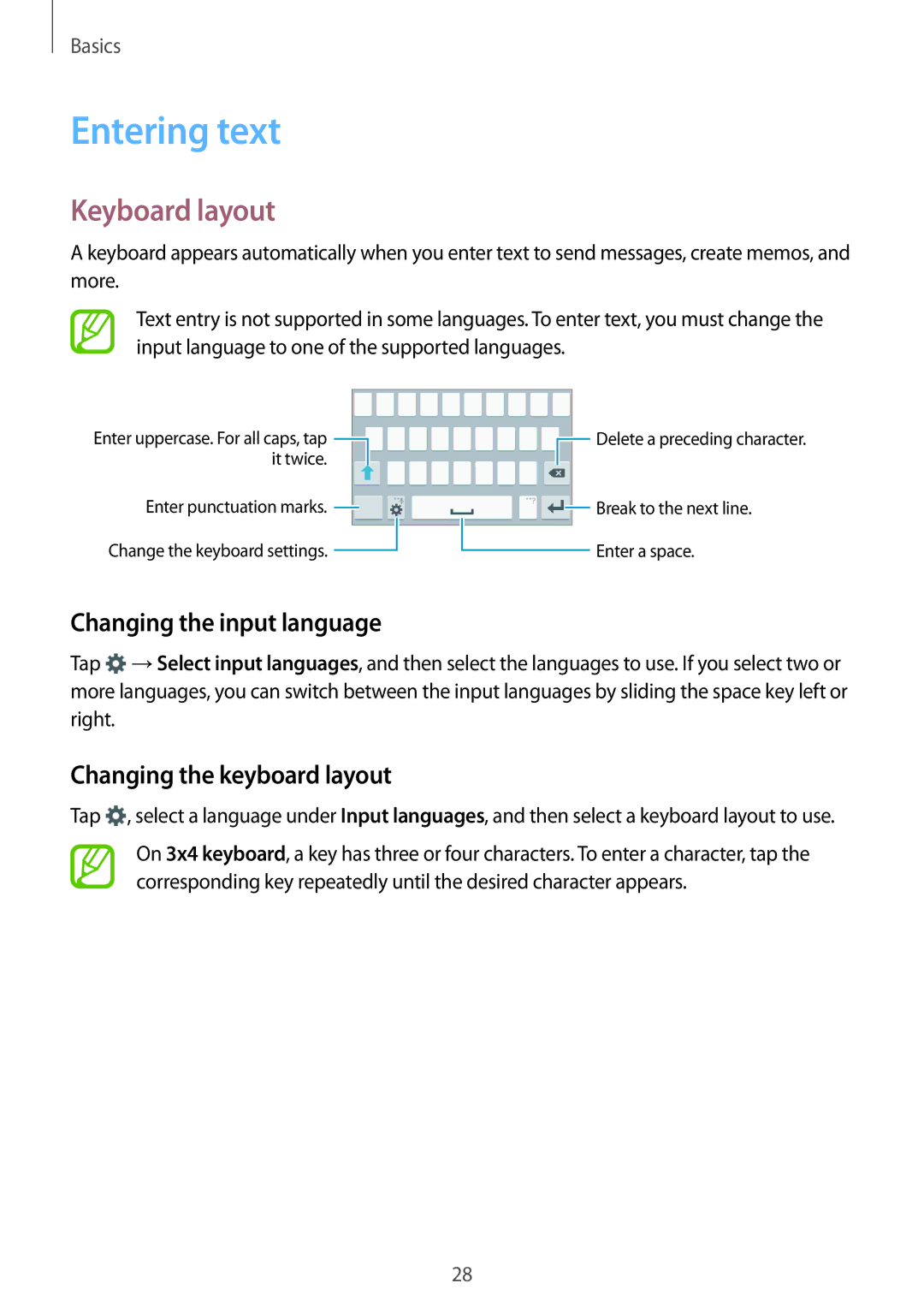 Samsung SM-G361FZSABGL manual Entering text, Keyboard layout, Changing the input language, Changing the keyboard layout 