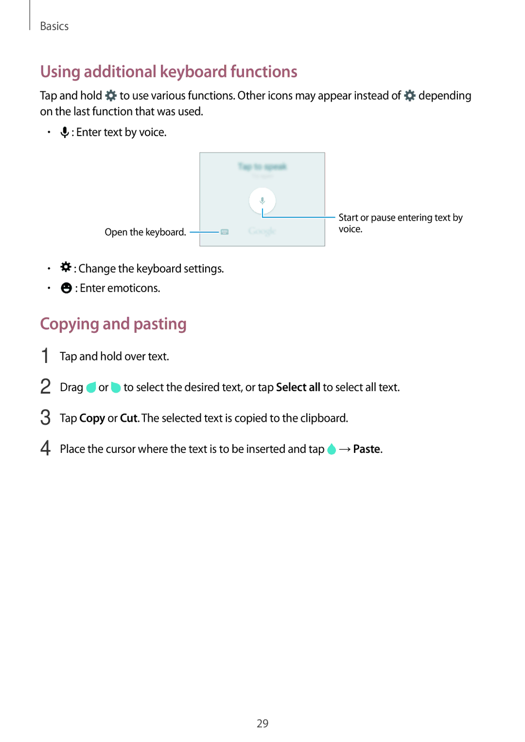 Samsung SM2G361FZSABGL, SM-G361FZSAXEF, SM-G361FHAAXEF manual Using additional keyboard functions, Copying and pasting 