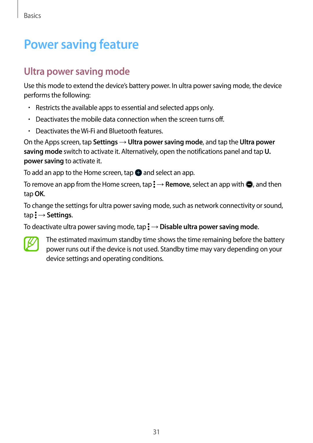 Samsung SM-G361FZWABGL, SM-G361FZSAXEF, SM-G361FHAAXEF, SM-G361FZWAXEF manual Power saving feature, Ultra power saving mode 