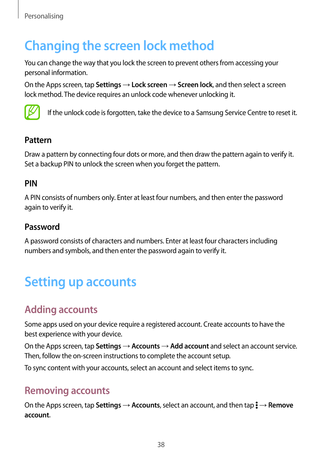 Samsung SM-G361FZWAVDH manual Changing the screen lock method, Setting up accounts, Adding accounts, Removing accounts 