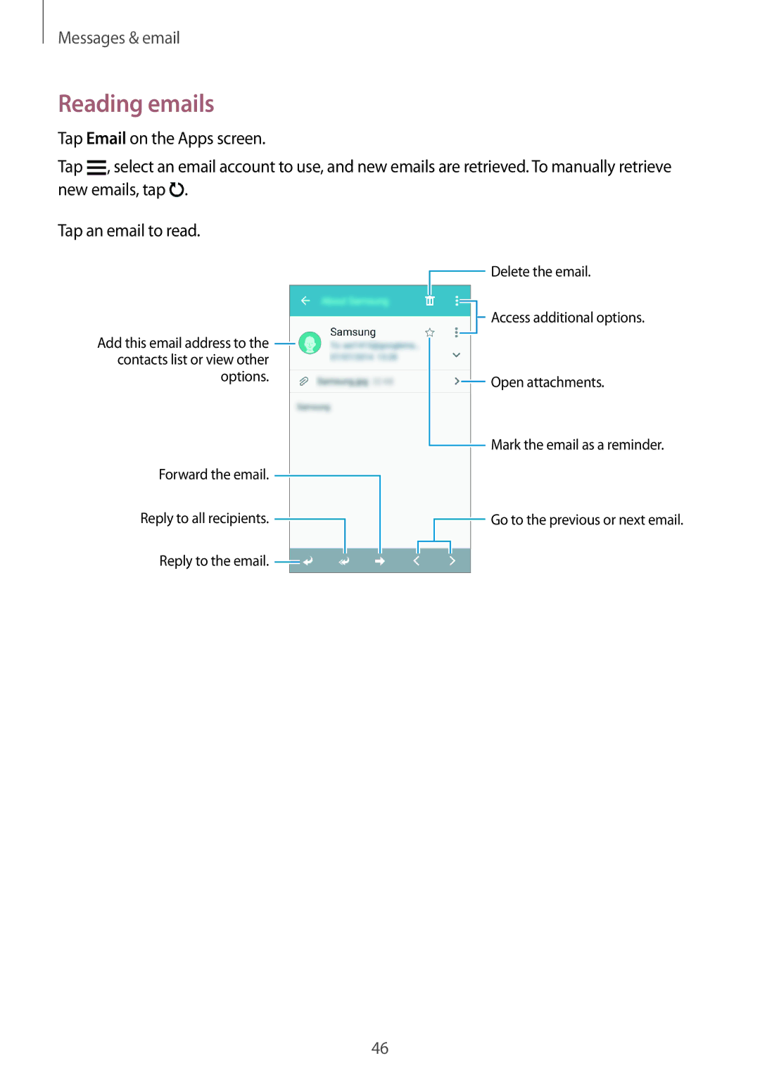 Samsung SM2G361FZWAVDH, SM-G361FZSAXEF, SM-G361FHAAXEF, SM-G361FZWAXEF, SM-G361FZWAITV, SM-G361FZSAOMN manual Reading emails 