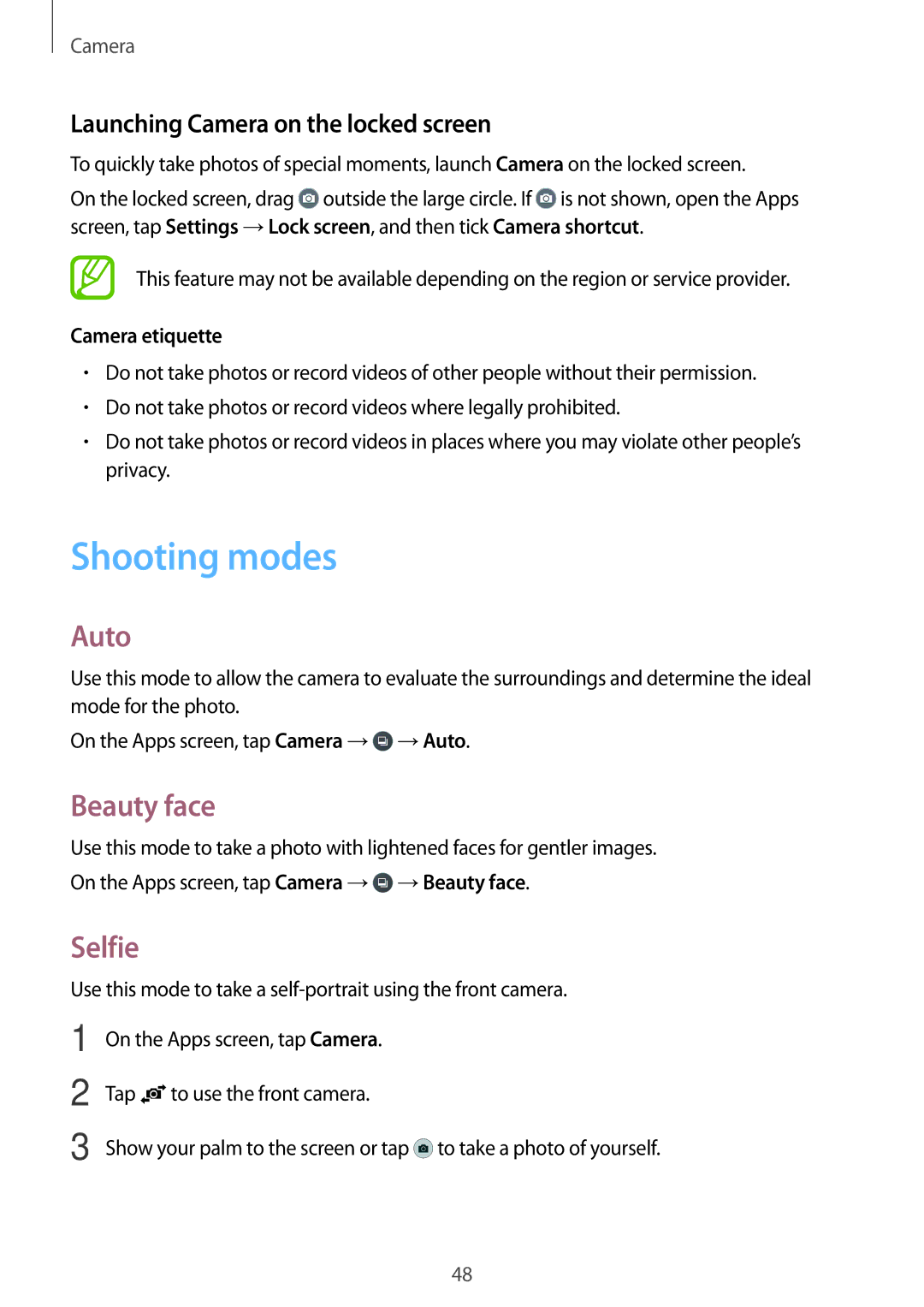 Samsung SM2G361FHAAPAN, SM-G361FZSAXEF Shooting modes, Auto, Beauty face, Selfie, Launching Camera on the locked screen 