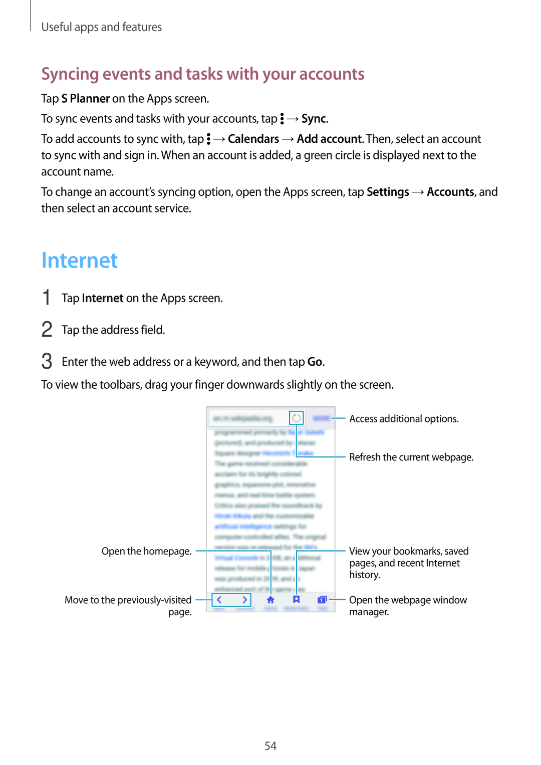 Samsung SM-G361FZWAORX, SM-G361FZSAXEF, SM-G361FHAAXEF, SM-G361FZWAXEF Internet, Syncing events and tasks with your accounts 