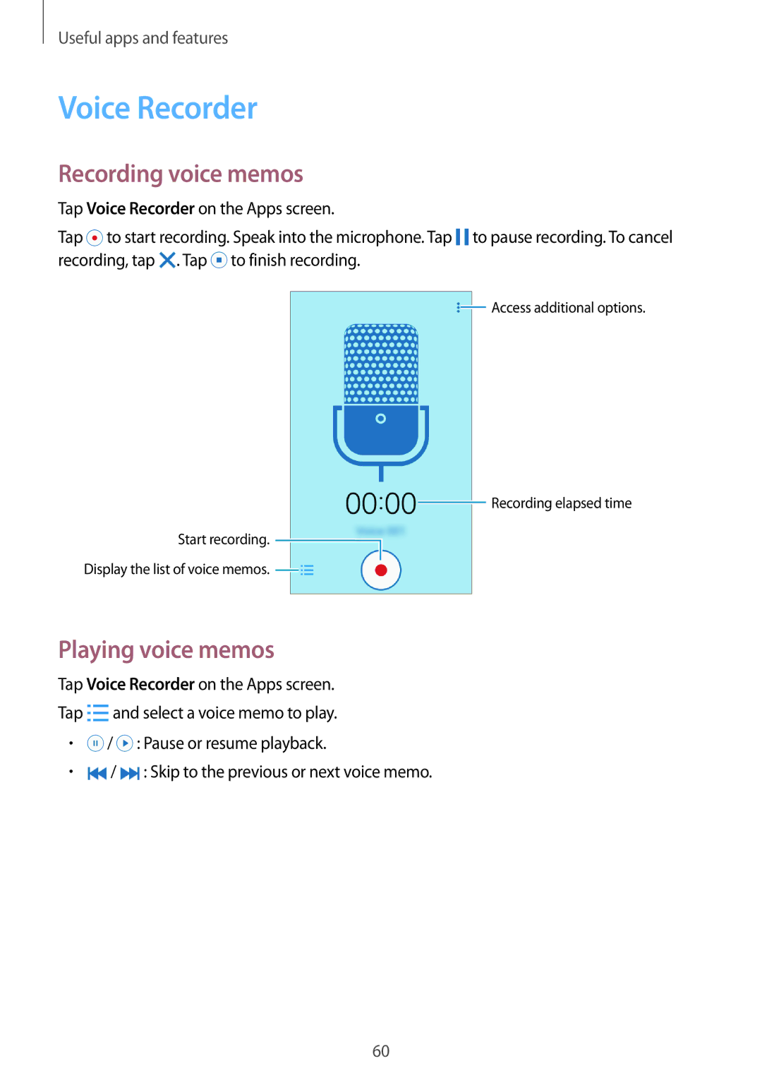 Samsung SM-G361FZWATMZ, SM-G361FZSAXEF, SM-G361FHAAXEF manual Voice Recorder, Recording voice memos, Playing voice memos 