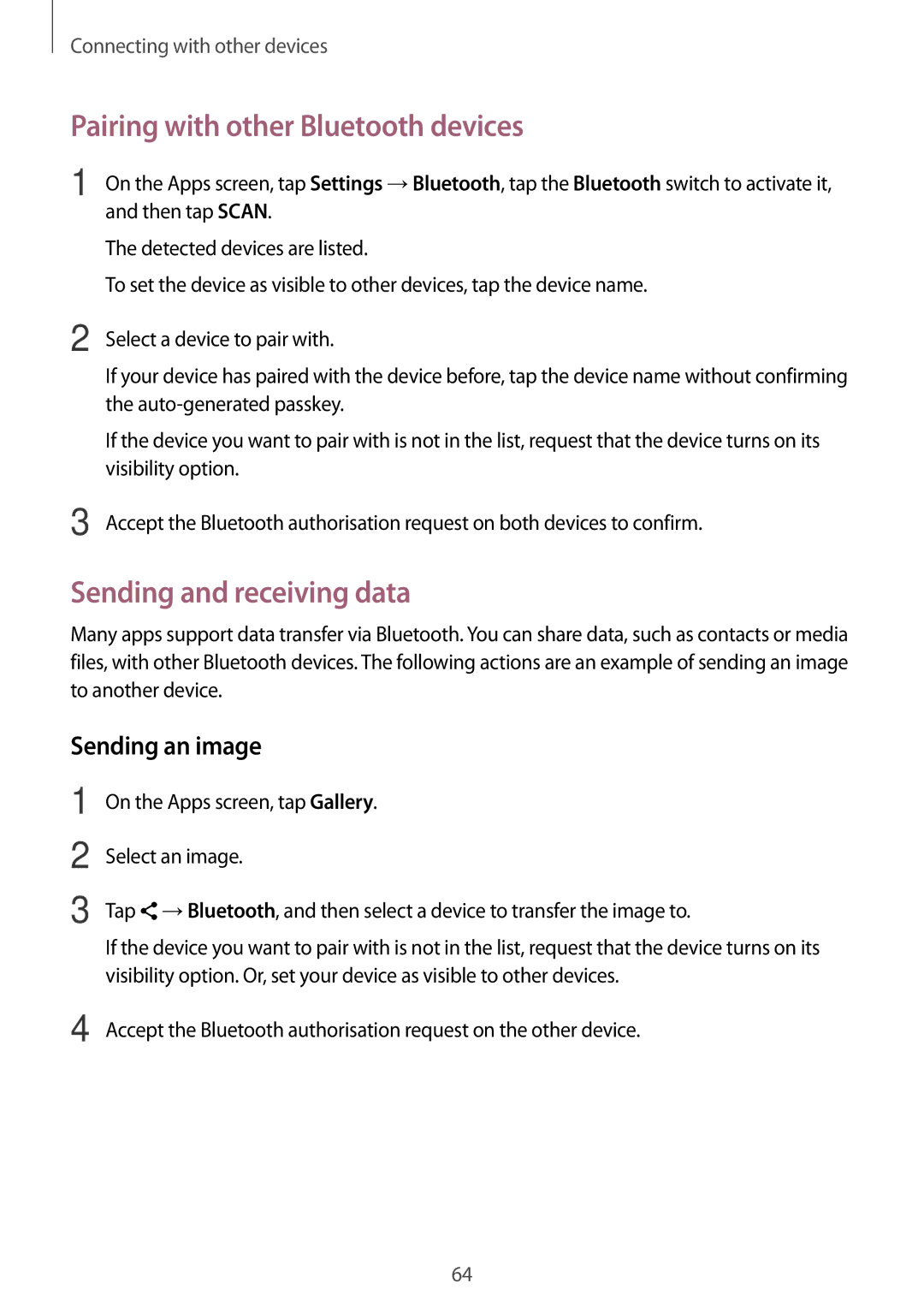 Samsung SM-G361FHAAUPC, SM-G361FZSAXEF Pairing with other Bluetooth devices, Sending and receiving data, Sending an image 