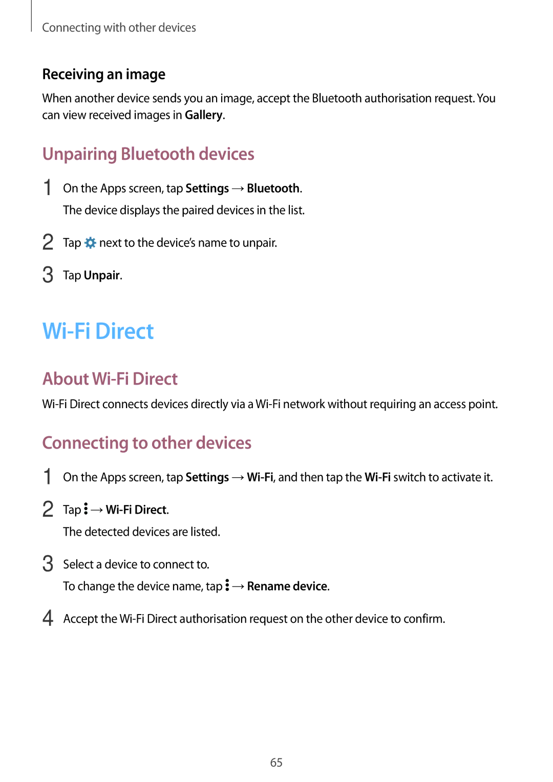 Samsung SM-G361FHAATTR, SM-G361FZSAXEF Unpairing Bluetooth devices, About Wi-Fi Direct, Connecting to other devices 