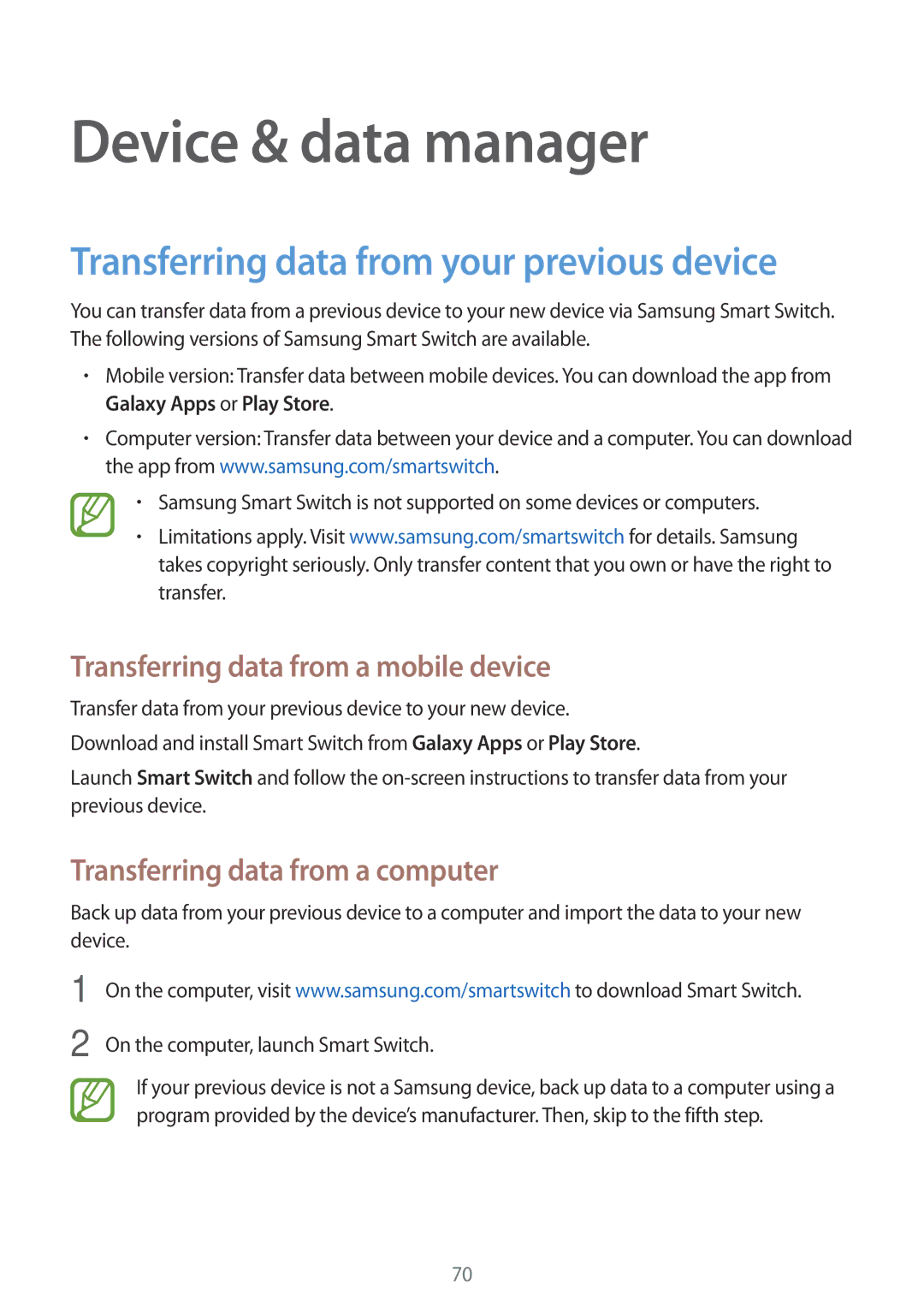 Samsung SM-G361FZWAETL, SM-G361FZSAXEF, SM-G361FHAAXEF Device & data manager, Transferring data from your previous device 