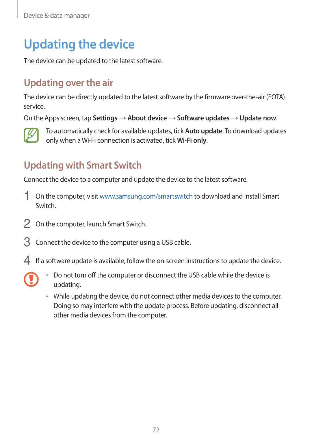 Samsung SM-G361FHAAETL, SM-G361FZSAXEF manual Updating the device, Updating over the air, Updating with Smart Switch 