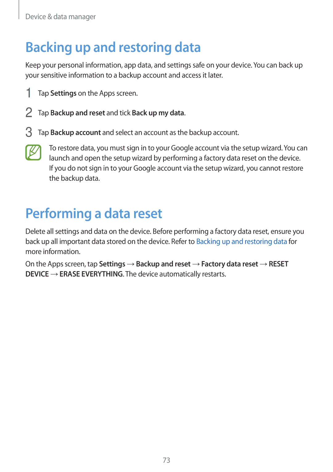 Samsung SM2G361FZWATMS, SM-G361FZSAXEF, SM-G361FHAAXEF manual Backing up and restoring data, Performing a data reset 