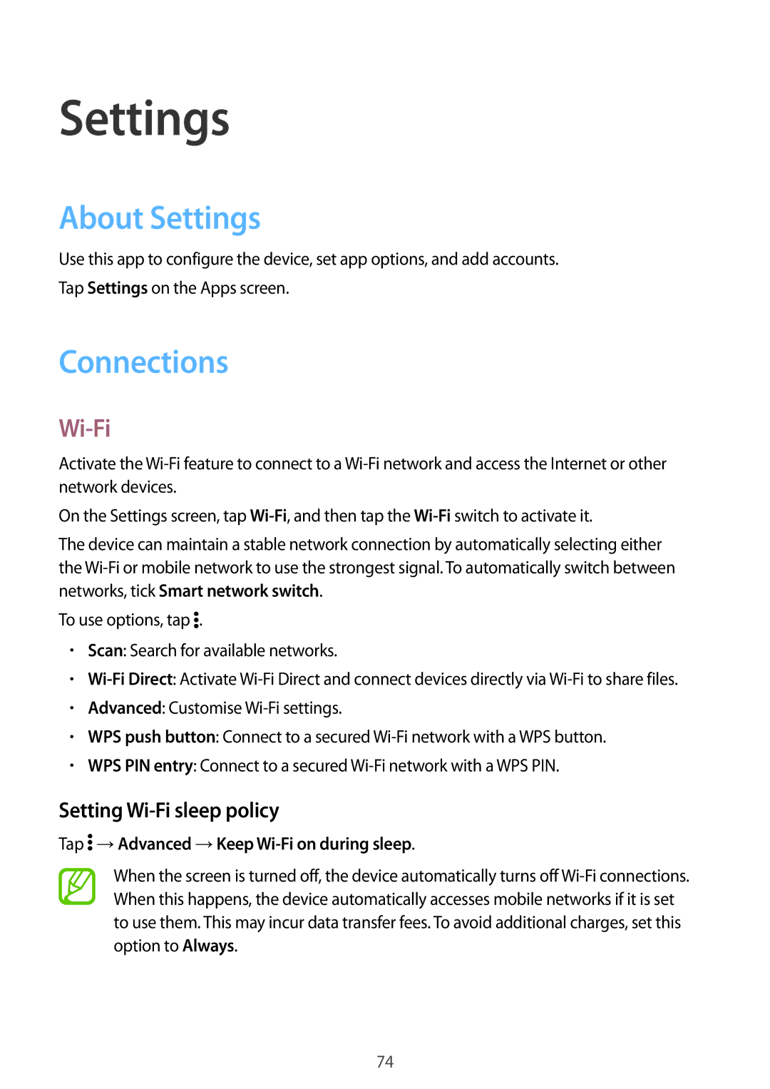 Samsung SM2G361FZWAPAN, SM-G361FZSAXEF, SM-G361FHAAXEF manual About Settings, Connections, Setting Wi-Fi sleep policy 