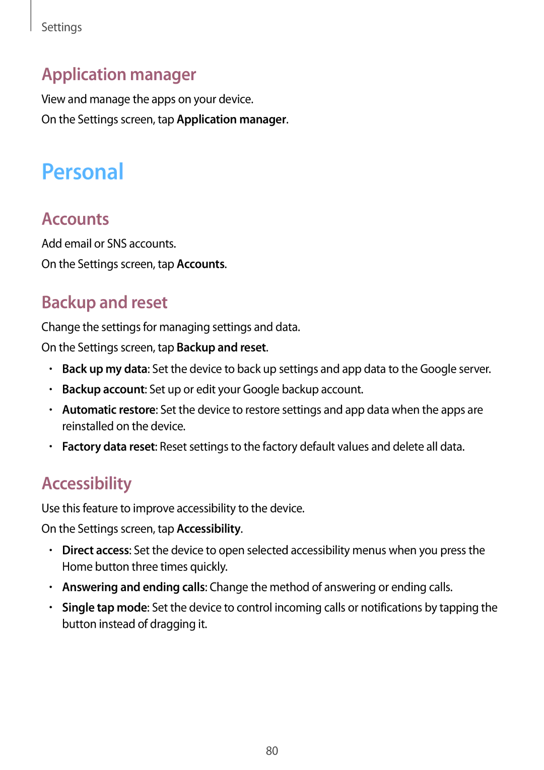 Samsung SM-G361FHAATMH, SM-G361FZSAXEF manual Personal, Application manager, Accounts, Backup and reset, Accessibility 