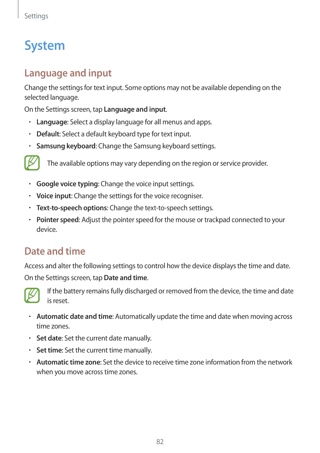 Samsung SM2G361FZSATMZ, SM-G361FZSAXEF, SM-G361FHAAXEF, SM-G361FZWAXEF manual System, Language and input, Date and time 