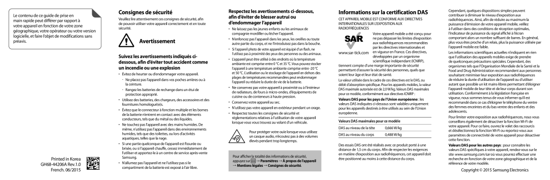 Samsung SM-G361FZWAXEF, SM-G361FZSAXEF manual Consignes de sécurité, Avertissement, Informations sur la certification DAS 