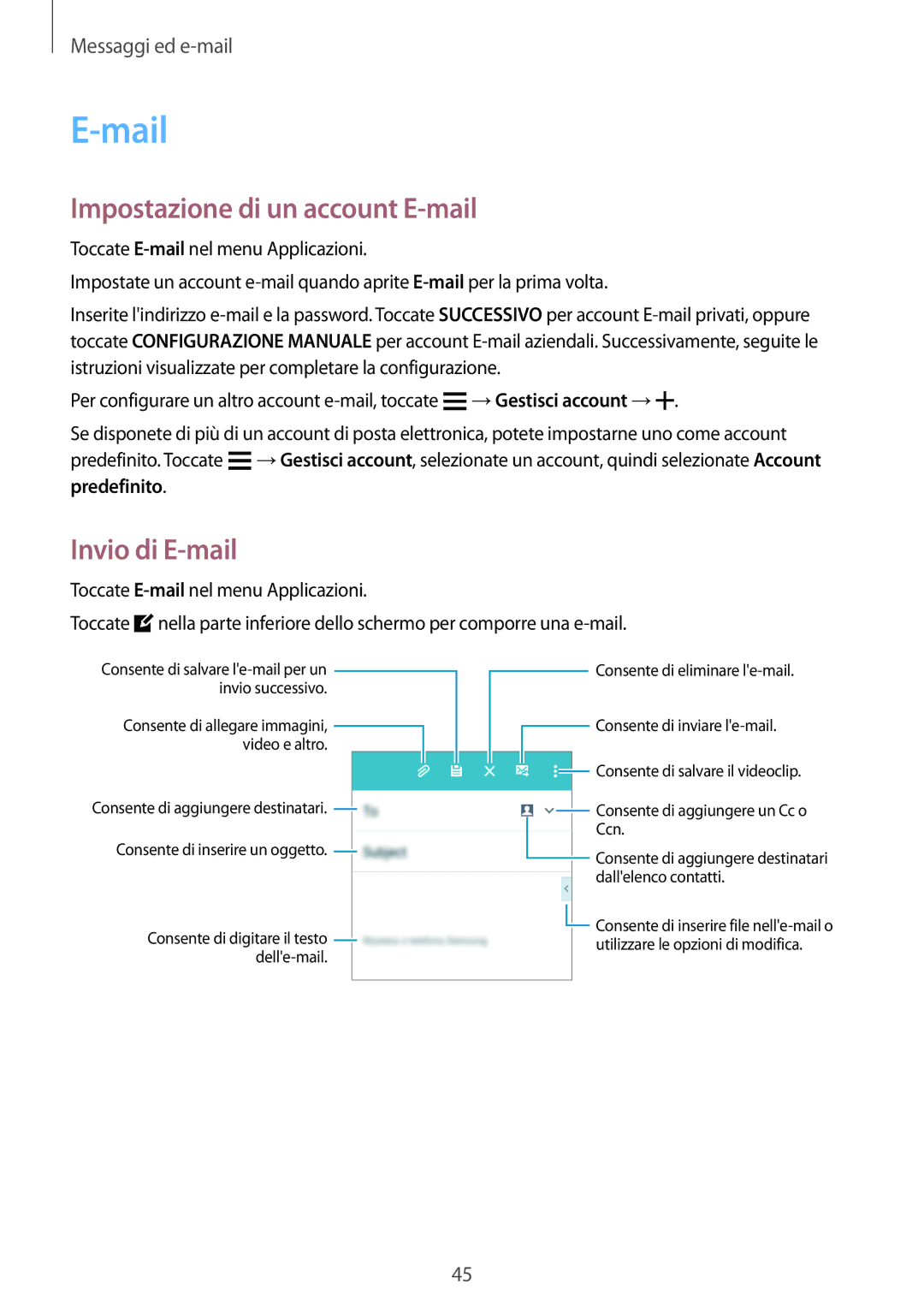 Samsung SM-G361FZWAWIN, SM-G361FZWAITV, SM-G361FZSAOMN manual Mail, Impostazione di un account E-mail, Invio di E-mail 