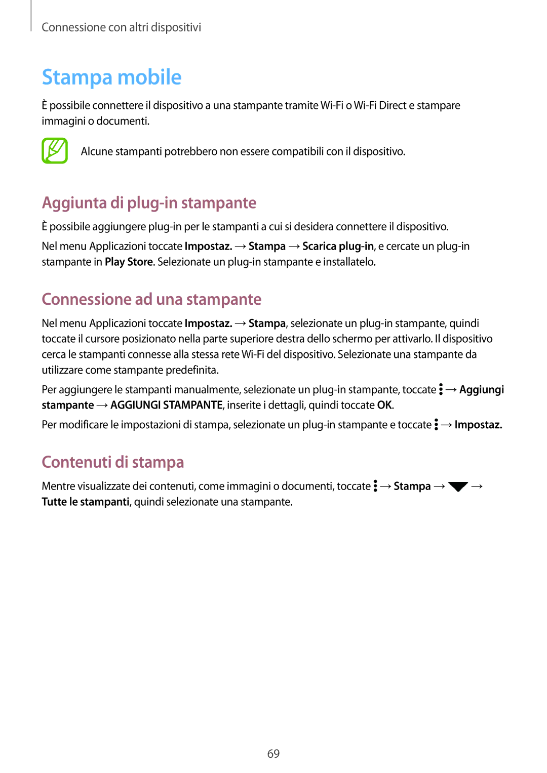 Samsung SM-G361FZWAWIN Stampa mobile, Aggiunta di plug-in stampante, Connessione ad una stampante, Contenuti di stampa 