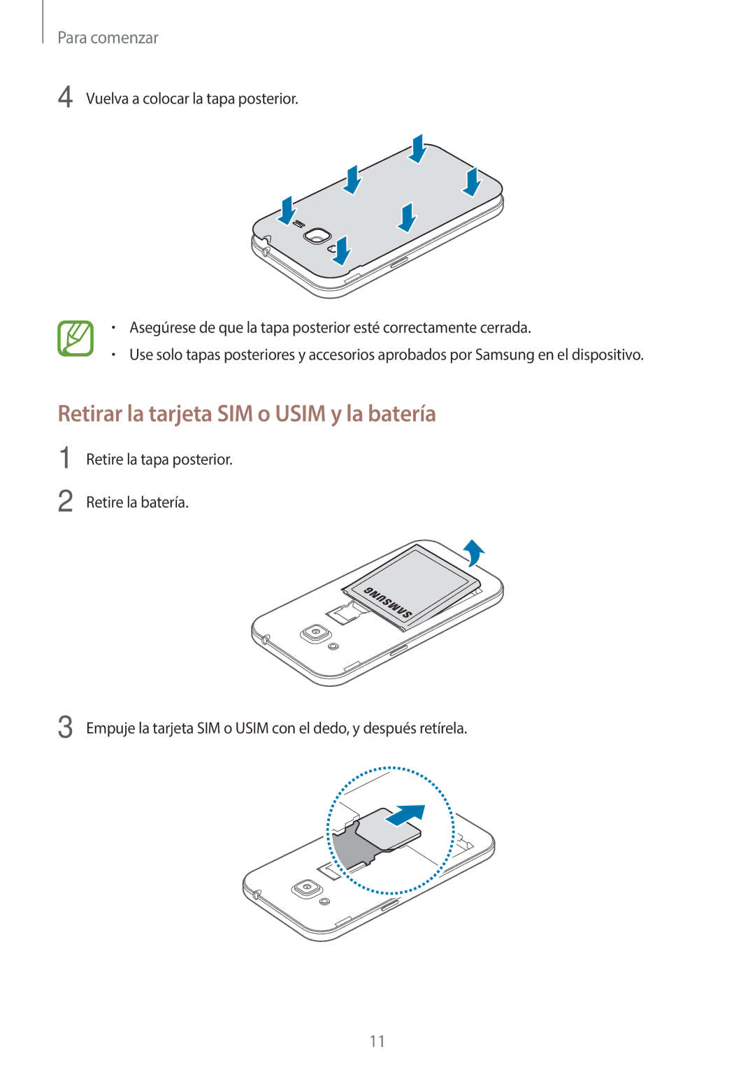 Samsung SM-G361FZSAPHE, SM-G361FZWAPHE manual Retirar la tarjeta SIM o Usim y la batería 