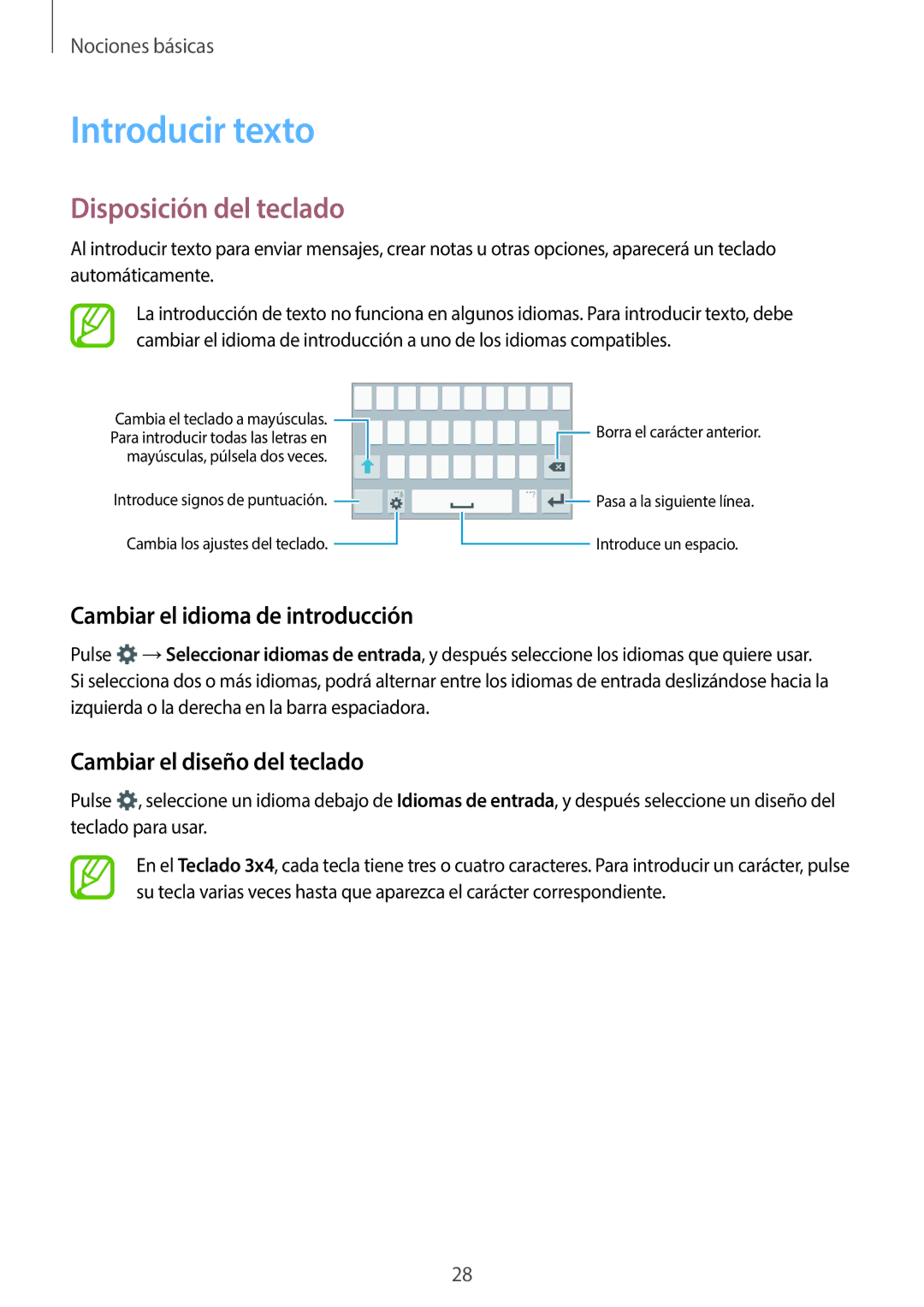 Samsung SM-G361FZWAPHE, SM-G361FZSAPHE manual Introducir texto, Disposición del teclado, Cambiar el idioma de introducción 