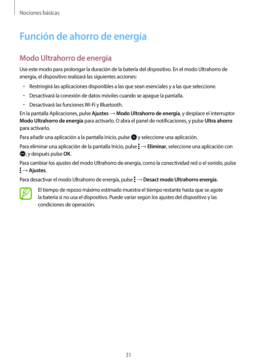 Samsung SM-G361FZSAPHE, SM-G361FZWAPHE manual Función de ahorro de energía, Modo Ultrahorro de energía 