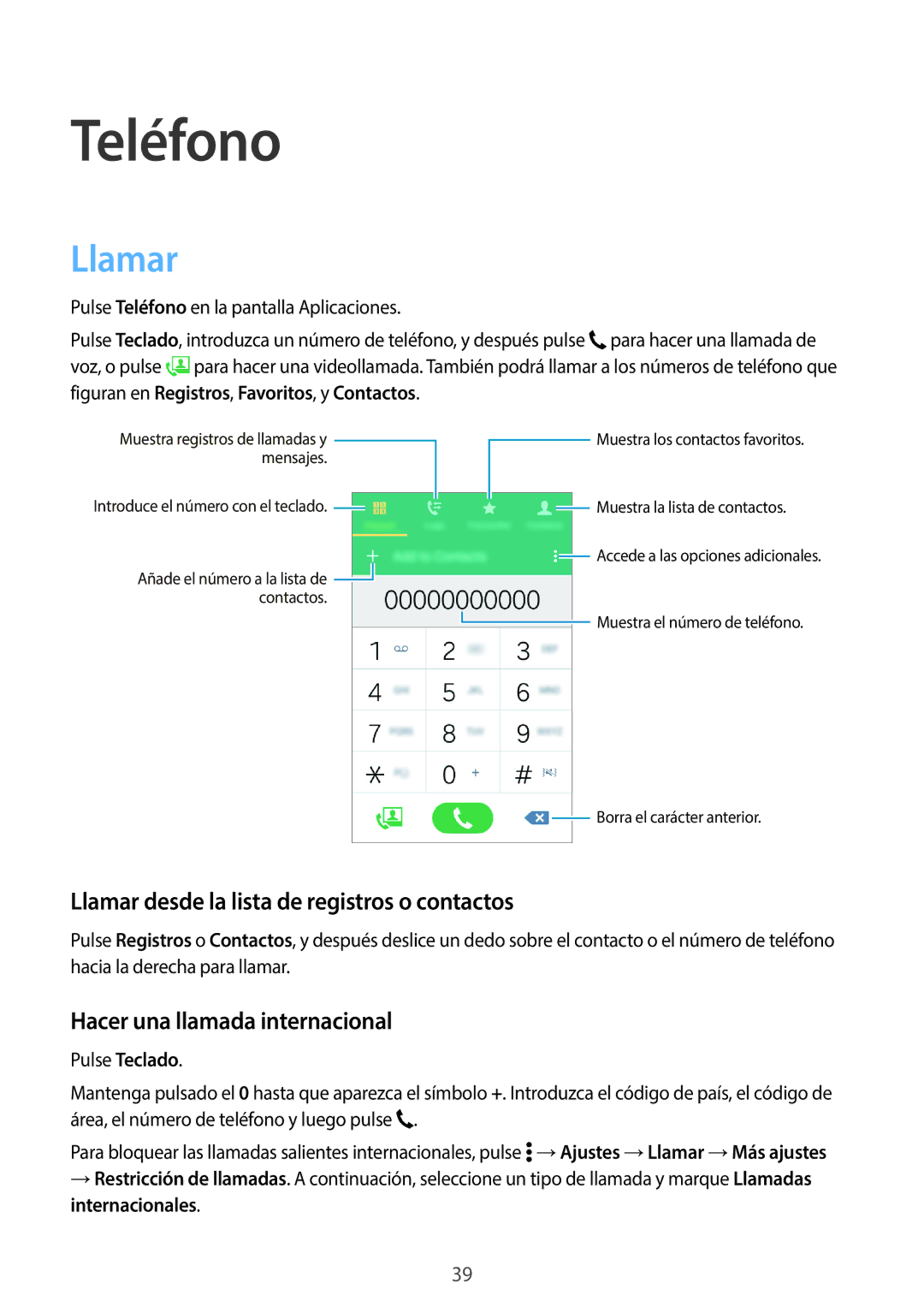 Samsung SM-G361FZSAPHE manual Teléfono, Llamar desde la lista de registros o contactos, Hacer una llamada internacional 