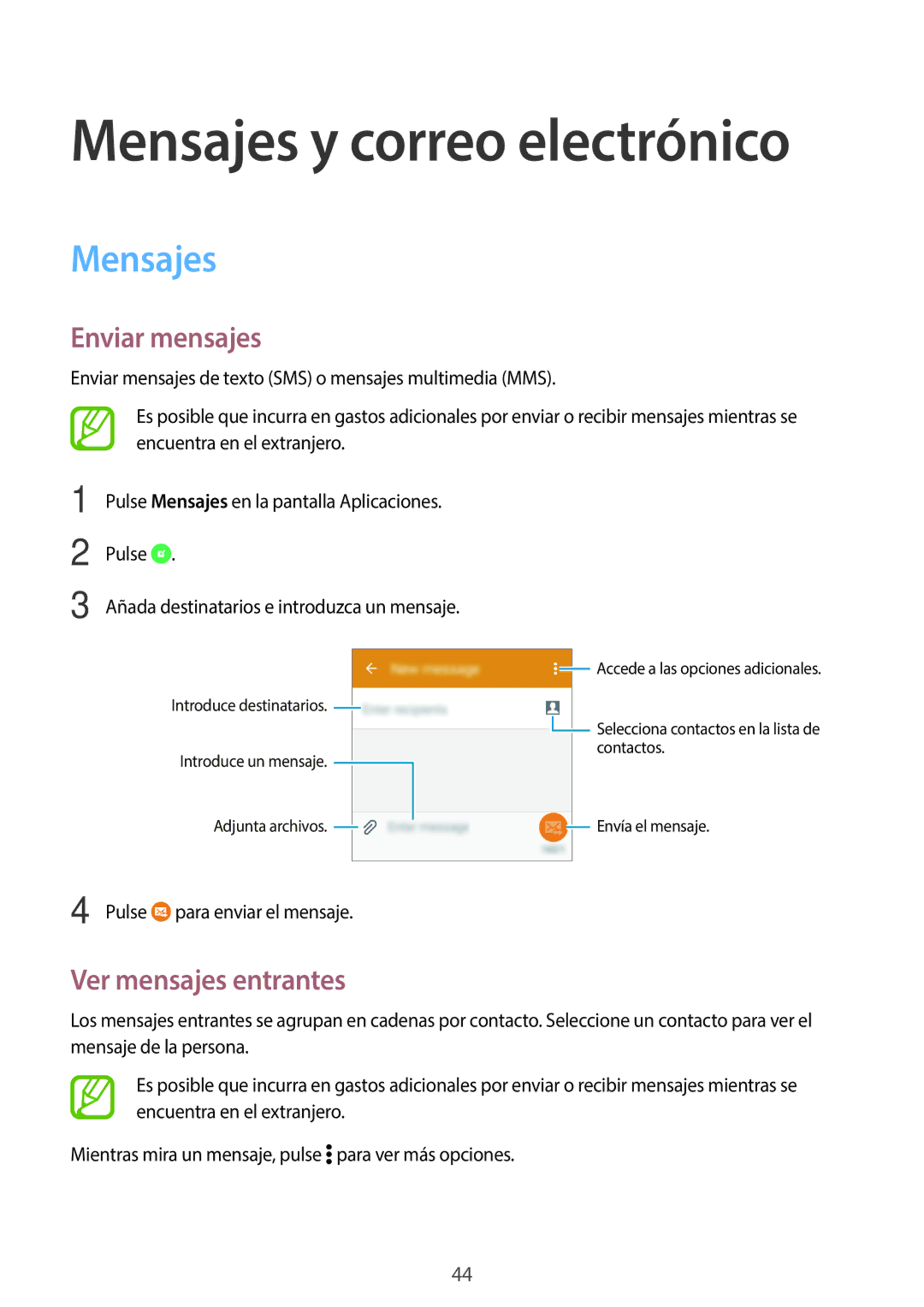 Samsung SM-G361FZWAPHE, SM-G361FZSAPHE manual Mensajes, Enviar mensajes, Ver mensajes entrantes 