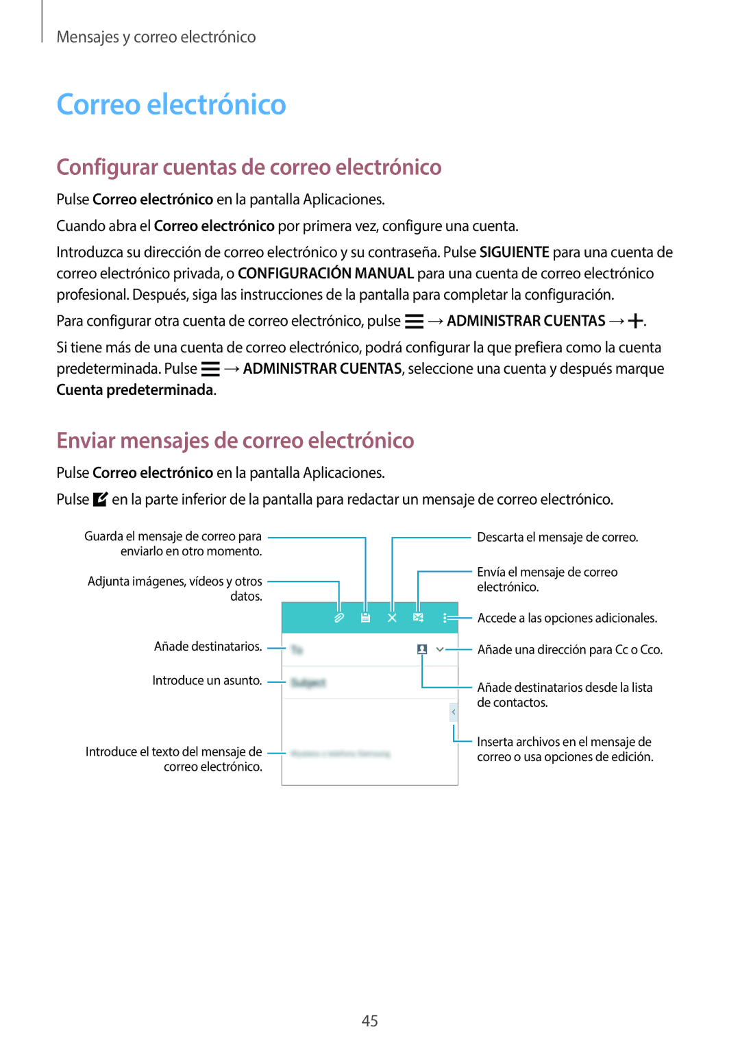 Samsung SM-G361FZSAPHE Correo electrónico, Configurar cuentas de correo electrónico, Enviar mensajes de correo electrónico 