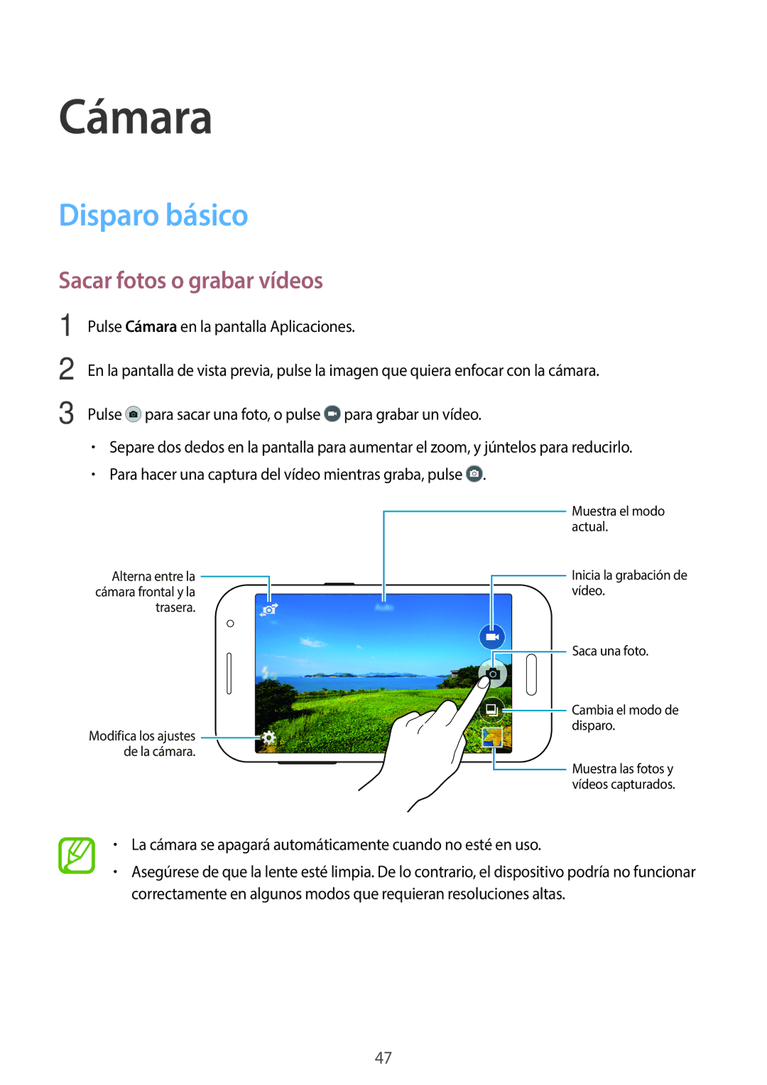 Samsung SM-G361FZSAPHE, SM-G361FZWAPHE manual Cámara, Disparo básico, Sacar fotos o grabar vídeos 