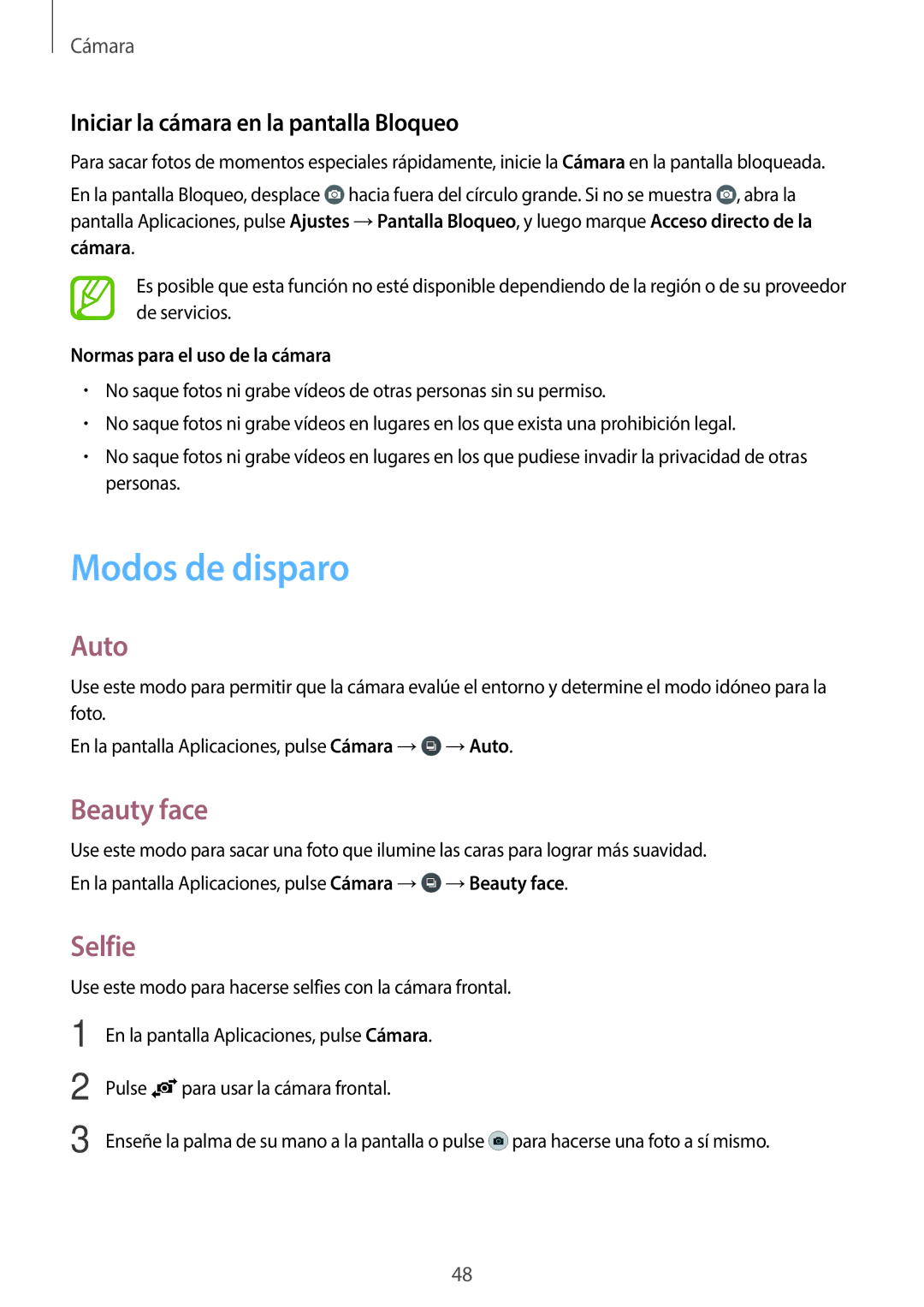 Samsung SM-G361FZWAPHE manual Modos de disparo, Auto, Beauty face, Selfie, Iniciar la cámara en la pantalla Bloqueo 