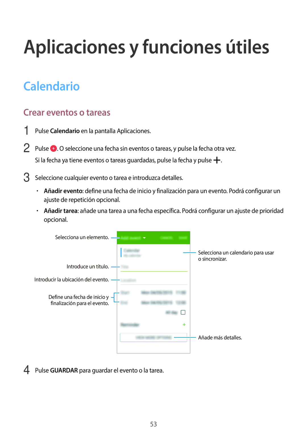 Samsung SM-G361FZSAPHE, SM-G361FZWAPHE manual Calendario, Crear eventos o tareas 