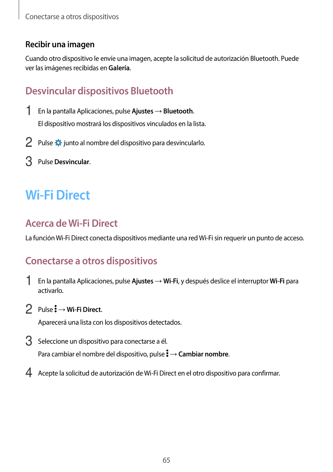 Samsung SM-G361FZSAPHE Desvincular dispositivos Bluetooth, Acerca de Wi-Fi Direct, Conectarse a otros dispositivos 